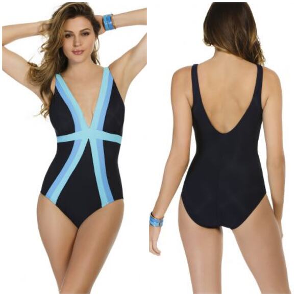 Miraclesuit NWT Spectra Trilogy One Piece Swimsuit Colorblock Size 16 Blue Black - Picture 1 of 11